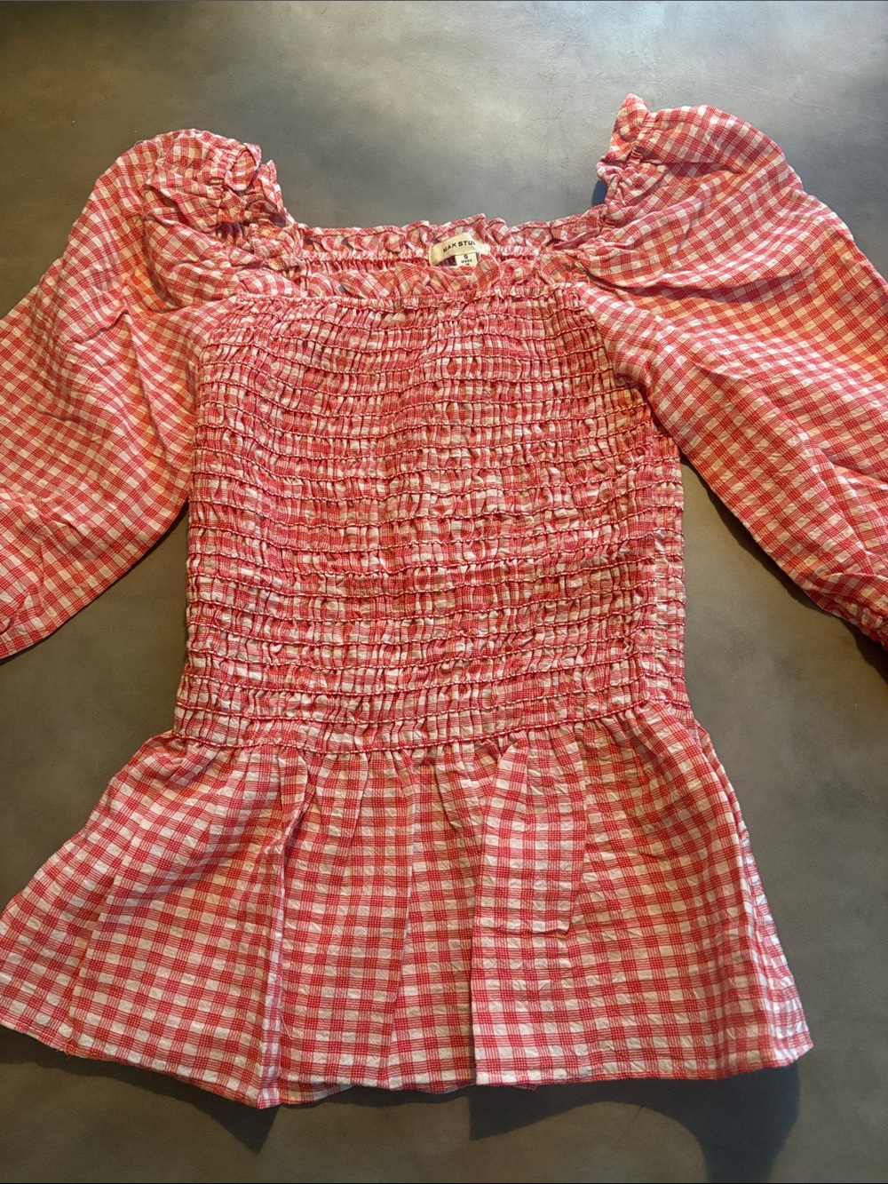 Max Studio Pink Gingham Smocked Peplum Top, S, NWOT